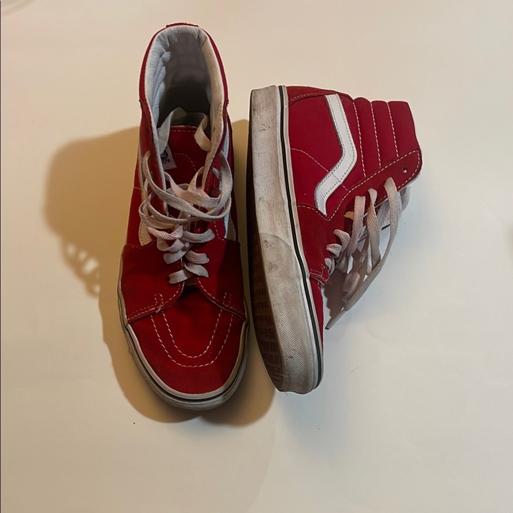 Vans Red and White High-Top Sneakers with Signature Stripe